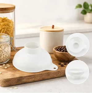 Wide mouth white plastic kitchen funnel for oil and powder filling with hanging hole detail