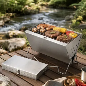 Gril de barbecue portable en acier inoxydable camping en plein air details scene