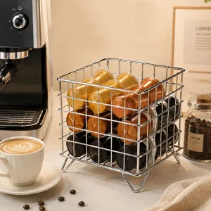 Metal wire coffee capsule holder storage basket for home desktop espresso pod organizer rack.