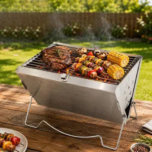 Grill BBQ en Acier Inoxydable Portable d'Extérieur Grille de Barbecue Pliable de Camping Poêle de Cuisson pour Pique-Nique