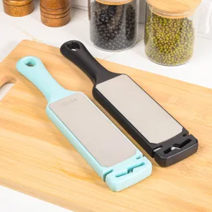 Double sided diamond knife sharpener with handle, 400 and 1000 grit for kitchen home use.