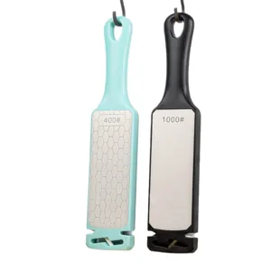 Diamond knife sharpener set with 400 and 1000 grit double-sided surfaces for kitchen use.