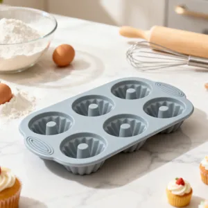 Silicone 6-cavity baking mold detail, perfect for cupcakes, puddings, and homemade chocolate.