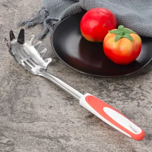 Cucchiaio per spaghetti in acciaio inossidabile con manico antiscivolo rosso e bianco.