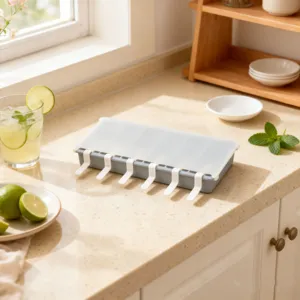 Vista dettagliata dello stampo per ghiaccioli in silicone con coperchio sul piano cucina.