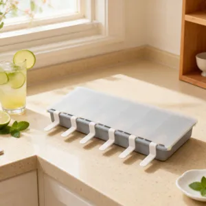 Stampo per ghiaccioli in silicone con coperchio e bastoncini, contenitore grigio per dessert.
