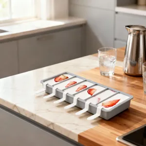 Dettaglio dello stampo per ghiaccioli in silicone grigio con bastoncini bianchi e fragole.