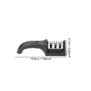 Handheld knife sharpener with 3 slots and ergonomic black handle, 19.8cm compact kitchen tool.