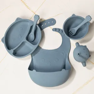 Newborn Baby Silicone Feeding Set Divided Plate Bowl Bib Cup And Spoon Tableware For Infant Toddler