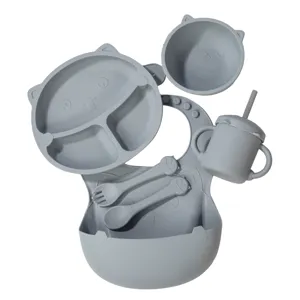 Silicone baby feeding set with cat shape divided plate bowl bib spoon fork cup grey