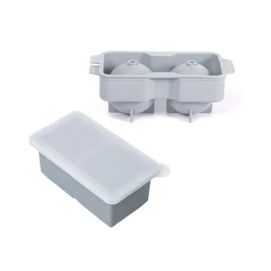 Grey silicone 2-grid sphere ice cube mold with lid for household making easy release.