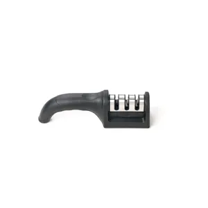 Handheld 3-stage kitchen knife sharpener tool with ergonomic black plastic handle for home.