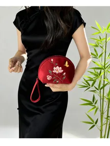 Schicke Samt-Clutch mit chinesischer Stickerei, elegante Halbmond-Kosmetiktasche für Damen.