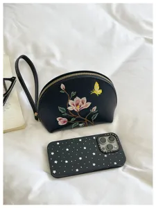 Schwarze bestickte Muschel-Handgelenktasche mit Blumen-Schmetterlings-Muster und Reißverschluss.