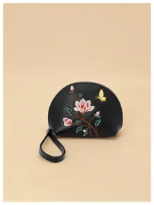Damen Blumen bestickte schwarze Clutch, PU Leder Vintage Handgelenk Tasche Geldbörse.