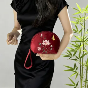 Vintage Chinesischer Stil Samt Bestickt Clutch Tasche Blumen Schmetterling Muster Reißverschluss Handgelenktasche Damen Abendtasche