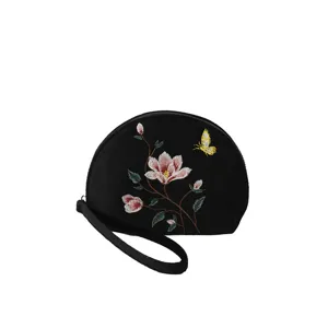 Chinesischer Stil bestickte Samt Handtasche, Halbmond Kosmetiktasche mit Blumenmuster.