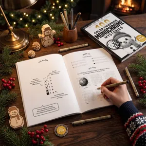 Libro da colorare misterioso monocromatico per adulti con penne per un relax creativo.