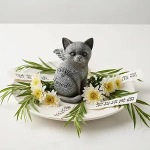 Statua gatto memoriale in resina grigia con ali per decorazione giardino e ricordo animali