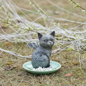 Statua memoriale gatto dettaglio, ali d'angelo resina decorazione giardino, regalo ricordo