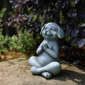 Detailed view of a cute meditating dog figurine in yoga pose, resin stone texture, zen garden decor.