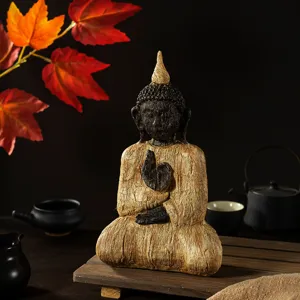 Zen wood grain Buddha resin statue, meditative home decor sculpture for desktop tea room.