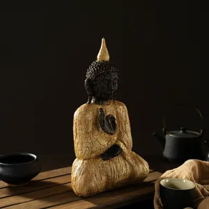 Zen Wood Grain Sitting Buddha Statue Eco Friendly Resin Meditating Sculpture Southeast Asian Style Desktop Home Ornament