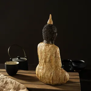 Exquisite resin Buddha statue with wood texture detail, perfect for zen home and tea room decor.