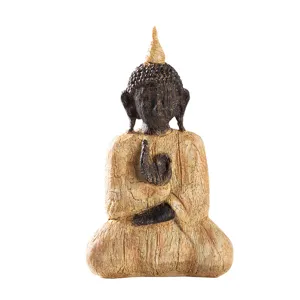 Wood grain meditating Buddha resin Zen ornament for home decor and spiritual peace tabletop.