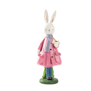 Cute resin rabbit figurine holding flower home desktop decor creative gift ornament for office