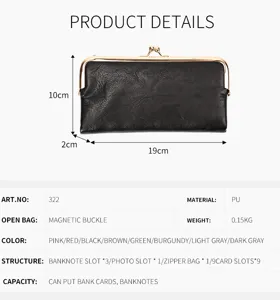 Vintage long wallet for women with kiss-lock closure, PU leather, multiple card slots and pockets.
