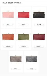 Multiple color options vintage long kiss lock wallet detail, multiple card slots purse display.