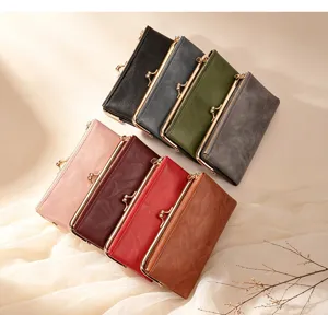 Retro kiss-lock long wallet for women multi-card slot clutch purse elegant versatile accessory.