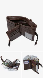 Détail de portefeuille court en cuir marron avec fentes pour cartes et poche zippée.