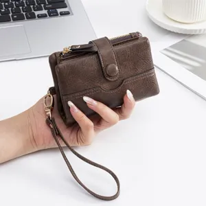 Portefeuille court femme porte-carte cuir PU monnaie lanière poignet marron foncé chic