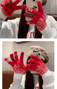 Red winter knit gloves with Christmas tree pattern, thick warm touch screen gloves for women.