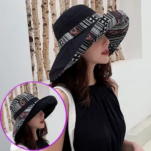 Women ethnic style wide brim sun hat for outdoor travel beach summer UV protection.