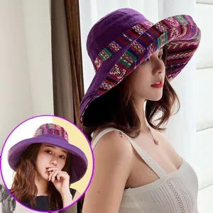 Women's ethnic wide brim sun hat, purple cotton canvas fisherman hat for outdoor travel summer.