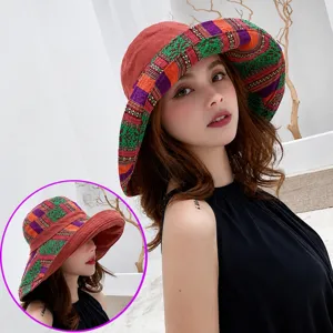 Ethnic style outdoor sun protection fisherman hat for women, wide brim travel sun hat, chic.