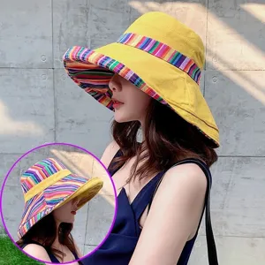 Women colorful striped bucket hat wide brim sun protection hat for spring summer outdoor travel