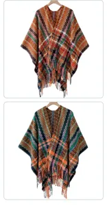 Cozy bohemian woven poncho cape with fringe, stylish ethnic blanket shawl for women autumn.
