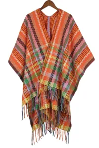 Bohemian ethnic style winter warm thick fringe poncho shawl detail view, multi-color check.