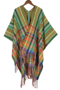 Bohemian colorful geometric pattern knitted poncho winter warm fringe shawl cloak for women