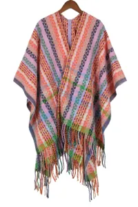 Colorful bohemian knitted poncho for women, cozy winter ethnic fringe shawl cape 89
