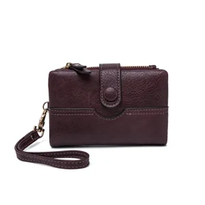 Vue détaillée du portefeuille court en cuir PU, violet foncé, poche zippée, dragonne.