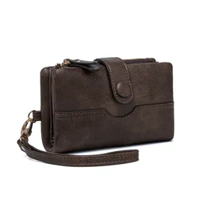 Porte-monnaie court pour femme RFID vue détaillée, petit portefeuille marron avec dragonne.