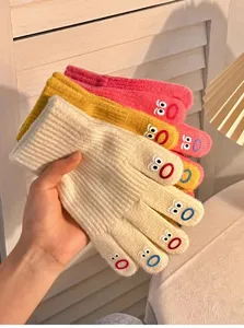 Cute big mouth embroidered knit gloves thick warm women winter touch screen thermal mittens