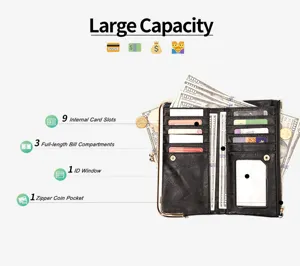 Women's long leather wallet with metal clasp kiss lock, large capacity card holder clutch.