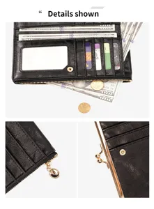 Women's black PU leather long wallet with multiple card slots and metal clasp closure.