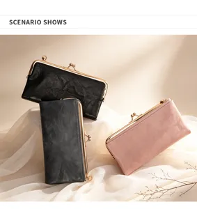 Retro kiss-lock long wallet detail view, showing multi-card slots and elegant aesthetic.
